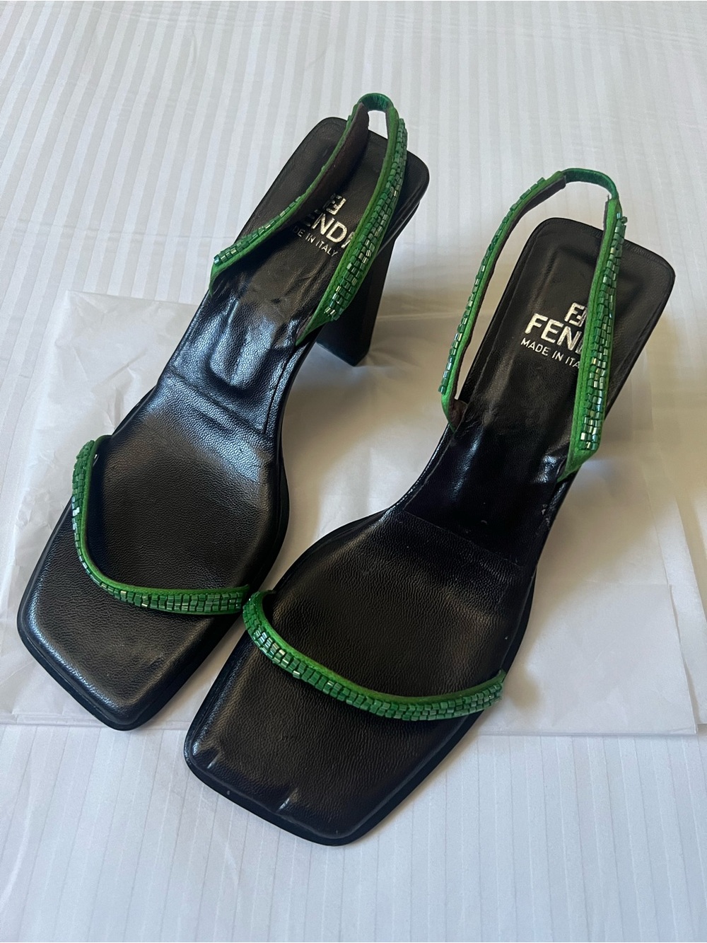 Vintage Fendi Green Beaded Square Toe Slingback Heeled Sandals